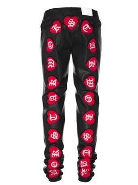 Wokstar Black Waxed Coated Denim Chenille Red Heart Patch Slim Straight Jeans 28